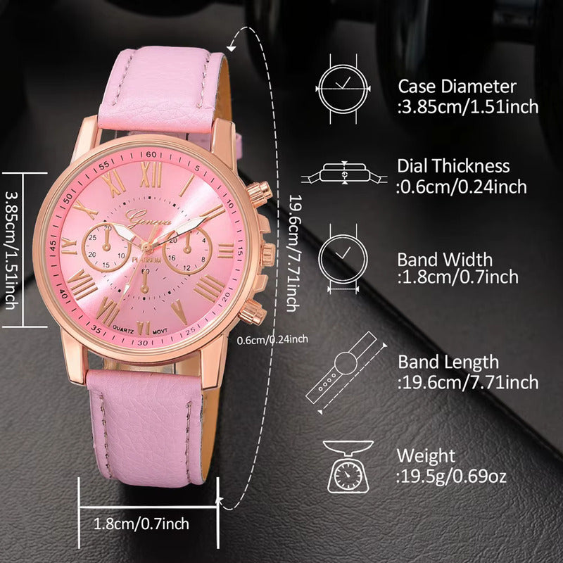 SET 5 PIEZAS RELOJ MUJER LUJO PULSERA ANILLO ARETES COLLAR ROSA ROSA CLARO ROSA