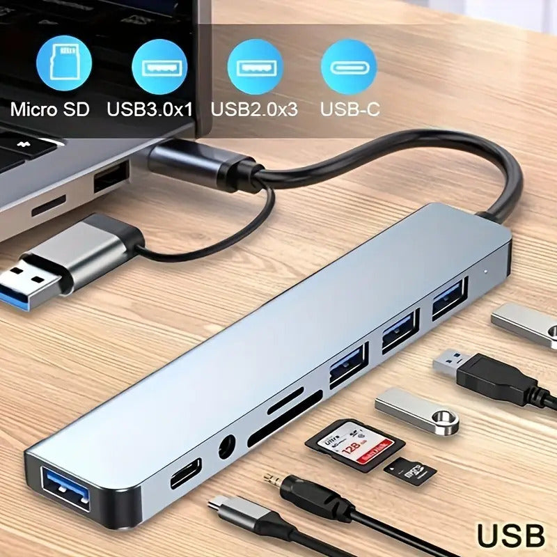 LECTOR TARJETAS HUB 8 EN 1 OTG-C USB 3.0 AUDIO JACK 3.5 5V PLATEADO