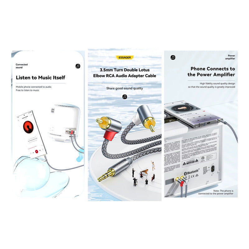 CABLE 2RCA 90° AUDIO JACK 3.5MM 3MTS ESSAGER FUNDA TRENZADA