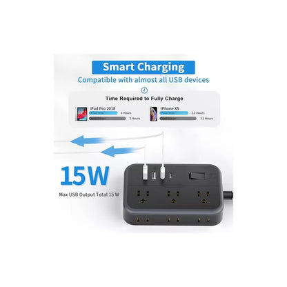 MULTITOMA 6 SALIDAS 2 USB 2 TIPO C NEGRO SWITCH ENCENDIDO NEGRO 110V