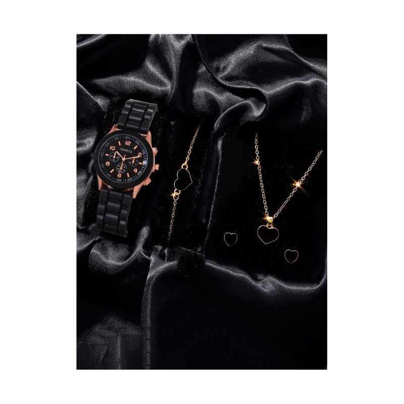 SET RELOJ MUJER LUJO 5 PULSERAS ANÁLOGO CORAL BRILLANTE NEGRO NEGRO NEGRO