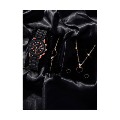 SET RELOJ MUJER LUJO 5 PULSERAS ANÁLOGO CORAL BRILLANTE NEGRO NEGRO NEGRO