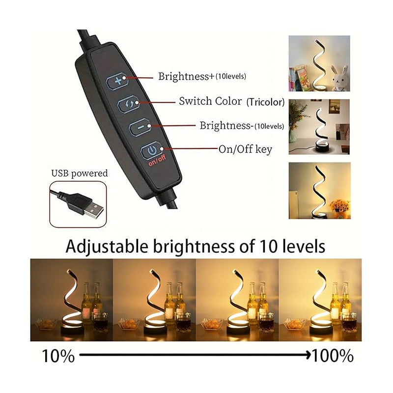 LAMPARA USB ESPIRAL ESCRITORIO MESA NOCHE ESTUDIO MODERNA NEGRO BLANCO 5V