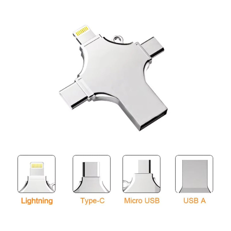 LECTOR TARJETAS MICRO SD 4 EN 1 USB OTG TIPO C LIGHTNING PLATEADO