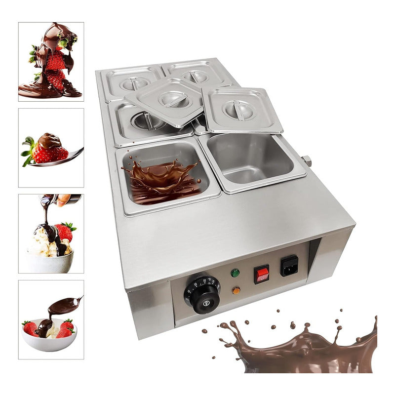 FONDUE MÁQUINA DERRETIR CHOCOLATE 6 PUESTOS COMERCIAL ACERO PLATEADO