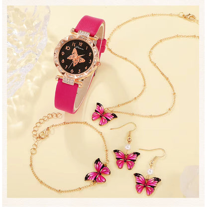 SET 4 PIEZAS RELOJ MUJER LUJO PULSERA ARETES COLLAR MARIPOSA ROSA CHICLE DORADO OSCURO NEGRO