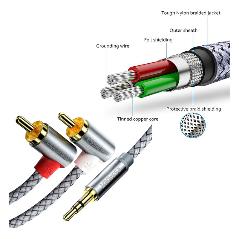 CABLE 2RCA 90° AUDIO JACK 3.5MM 3MTS ESSAGER FUNDA TRENZADA