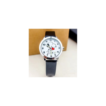 RELOJ SNOOPY LUJO CORREA CUERO MANECILLAS LUMINOSAS MUJER NEGRO CROMADO BLANCO
