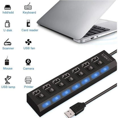 HUB USB 2.0 7 PUERTOS LED INTERRUPTOR INDIVIDUAL NEGRO