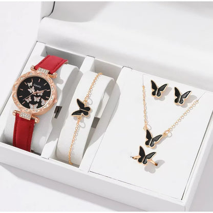 SET 5 PIEZAS RELOJ MUJER LUJO MARIPOSAS FASHION ELEGANTE ROSA CHICLE DORADO OSCURO NEGRO