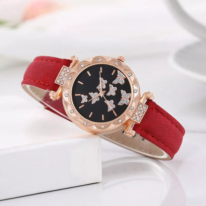 SET 5 PIEZAS RELOJ MUJER LUJO MARIPOSAS FASHION ELEGANTE ROSA CHICLE DORADO OSCURO NEGRO