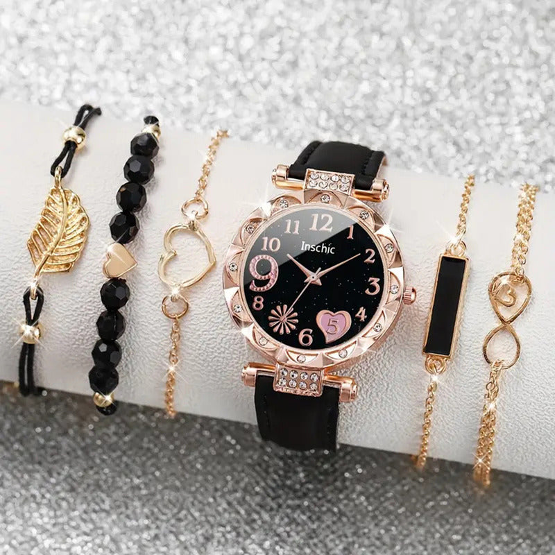SET RELOJ MUJER LUJO 5 PULSERAS ANÁLOGO CORAL BRILLANTE NEGRO CORAL CLARO NEGRO