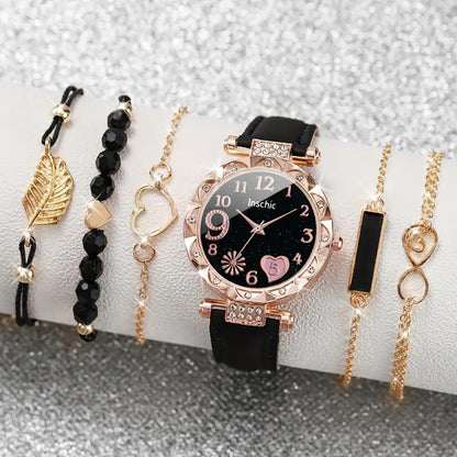 SET RELOJ MUJER LUJO 5 PULSERAS ANÁLOGO CORAL BRILLANTE NEGRO CORAL CLARO NEGRO