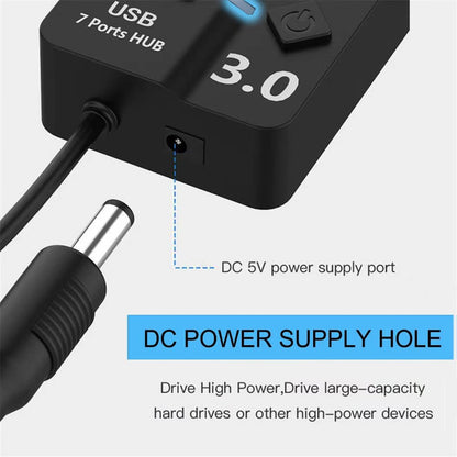 HUB USB 7 PUERTOS 3.0 LUZ LED INTERRUPTOR INDEPENDIENTE NEGRO