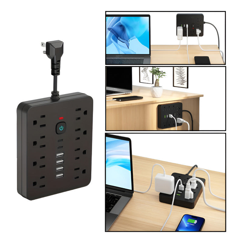MULTITOMA 8 SALIDAS 4 USB 2 TIPO C NEGRO SWITCH ENCENDIDO NEGRO 110V