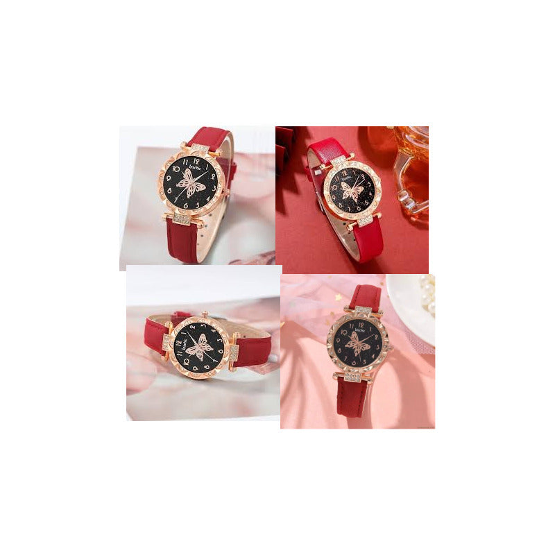 SET 2 PIEZAS RELOJ MUJER LUJO PULSERA MARIPOSA ROSA BLANCO ROSA CHICLE DORADO OSCURO NEGRO