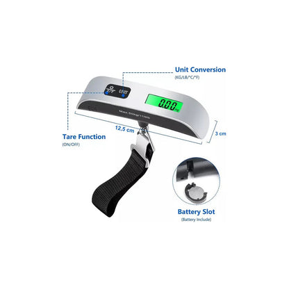 BÁSCULA DIGITAL VIAJERA PORTÁTIL 50KG PANTALLA LCD ILUMINADA NEGRO PLATEADO