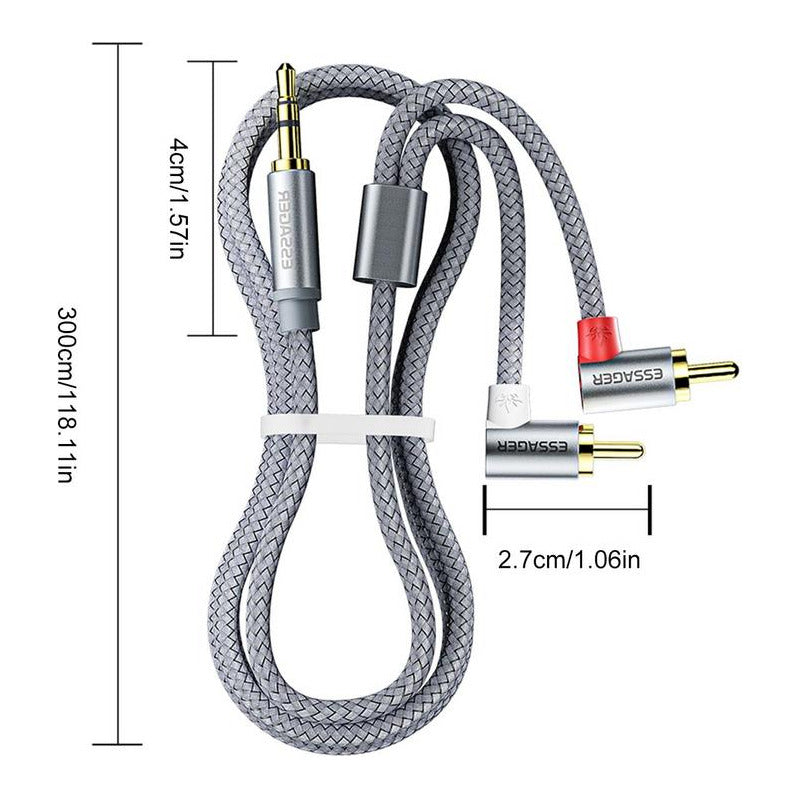 CABLE 2RCA 90° AUDIO JACK 3.5MM 3MTS ESSAGER FUNDA TRENZADA