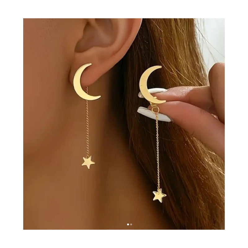 PENDIENTES ARETES STAR MOON CADENA LARGA DORADO OSCURO