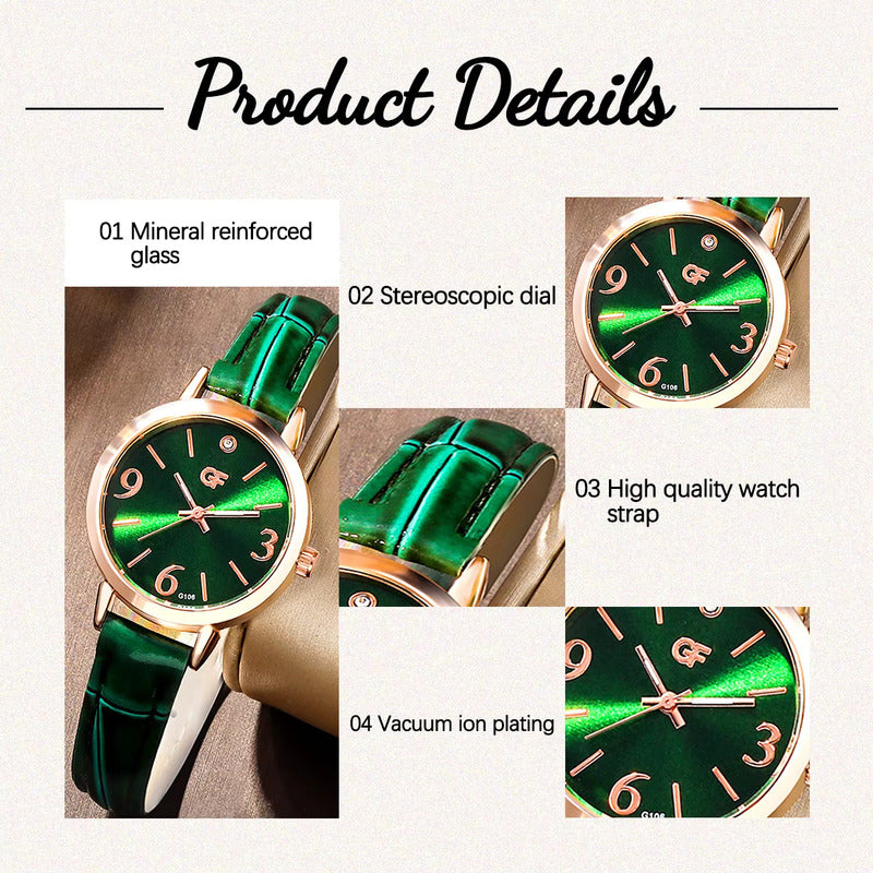 SET 6 PIEZAS RELOJ VERDE ESMERALDA ANILLO PULSERA ARETES VERDE MUSGO DORADO OSCURO VERDE MUSGO