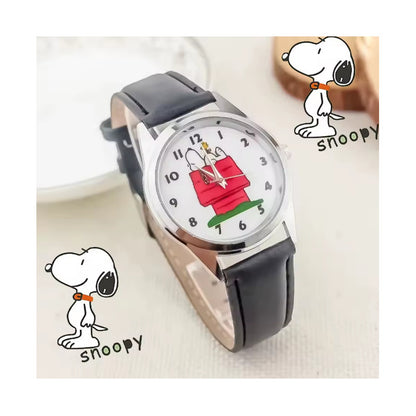 RELOJ SNOOPY CASA LUJO CORREA CUERO MUJER NEGRO CROMADO BLANCO