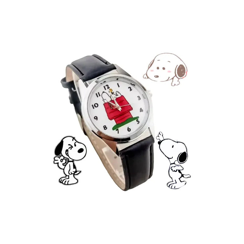 RELOJ SNOOPY CASA LUJO CORREA CUERO MUJER NEGRO CROMADO BLANCO