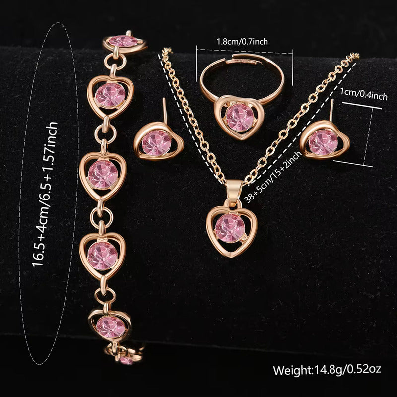 SET 5 PIEZAS RELOJ MUJER LUJO PULSERA ANILLO ARETES COLLAR ROSA ROSA CLARO ROSA