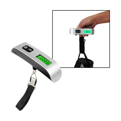 BÁSCULA DIGITAL VIAJERA PORTÁTIL 50KG PANTALLA LCD ILUMINADA NEGRO PLATEADO