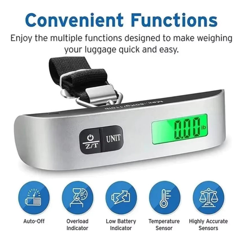 BÁSCULA DIGITAL VIAJERA PORTÁTIL 50KG PANTALLA LCD ILUMINADA NEGRO PLATEADO