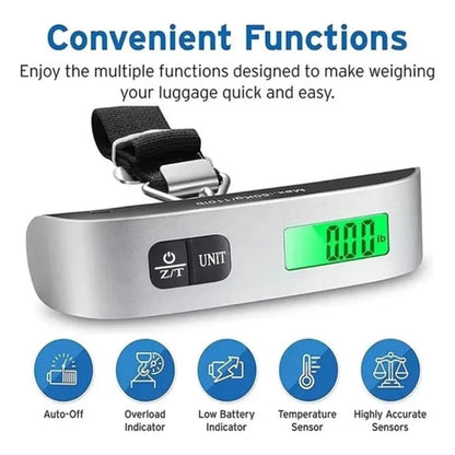 BÁSCULA DIGITAL VIAJERA PORTÁTIL 50KG PANTALLA LCD ILUMINADA NEGRO PLATEADO
