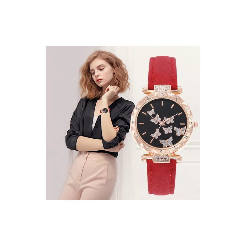SET 5 PIEZAS RELOJ MUJER LUJO MARIPOSAS FASHION ELEGANTE ROSA CHICLE DORADO OSCURO NEGRO