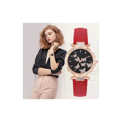 SET 5 PIEZAS RELOJ MUJER LUJO MARIPOSAS FASHION ELEGANTE ROSA CHICLE DORADO OSCURO NEGRO