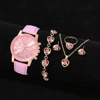 SET 5 PIEZAS RELOJ MUJER LUJO PULSERA ANILLO ARETES COLLAR ROSA ROSA CLARO ROSA