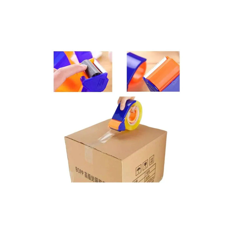 DISPENSADOR CORTADOR CINTA EMPAQUE LIGERO PORTATIL OFICINA NARANJA/AZUL