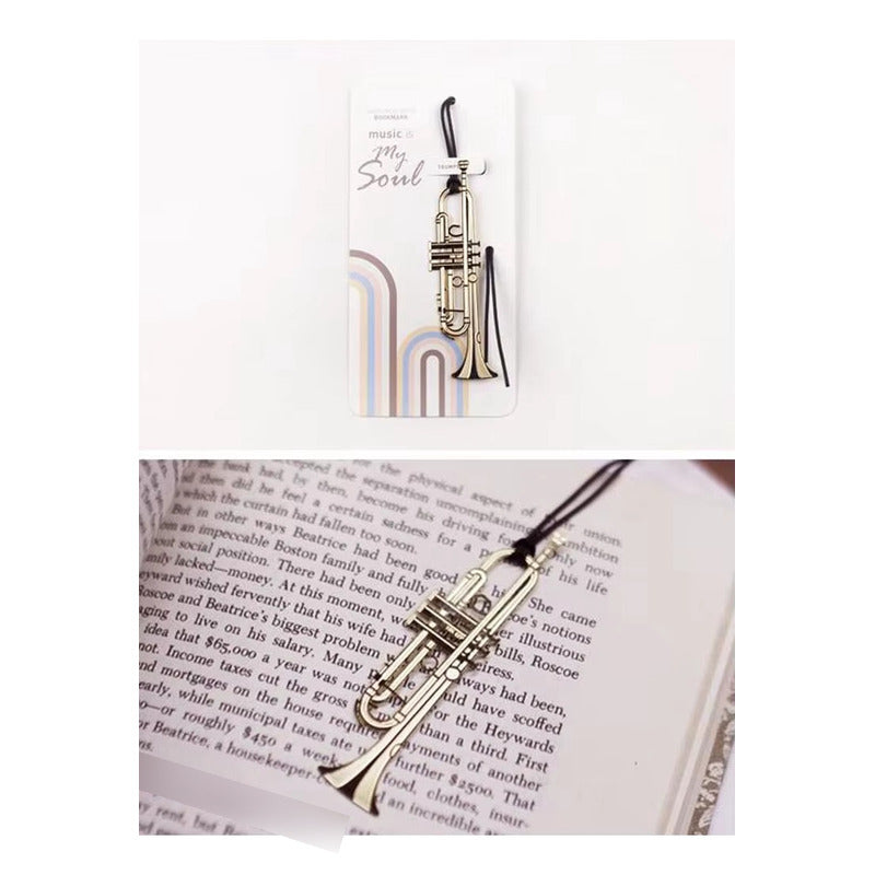MARCAPÁGINAS TROMPETA LIBRO MÚSICA REVISTA NOTA PAPEL AGENDA DORADO TROMPETA