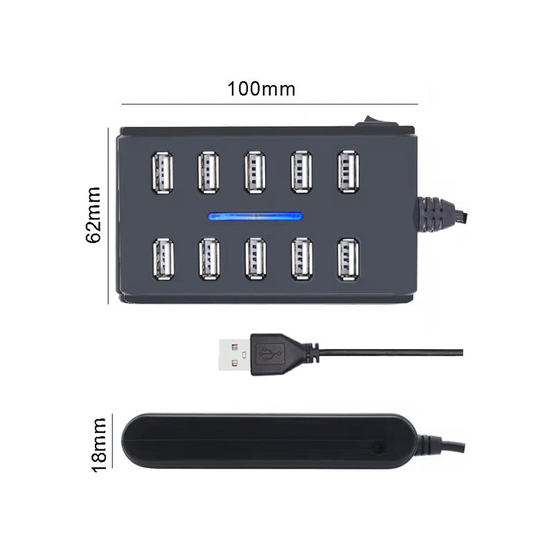 HUB USB 10 PUERTOS LUZ LED NEGRO
