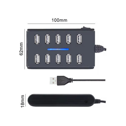 HUB USB 10 PUERTOS LUZ LED NEGRO