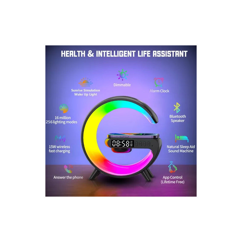 CARGADOR CELULAR INALAMBRICO RGB RELOJ SPEAKER BLUETOOH NEGRO