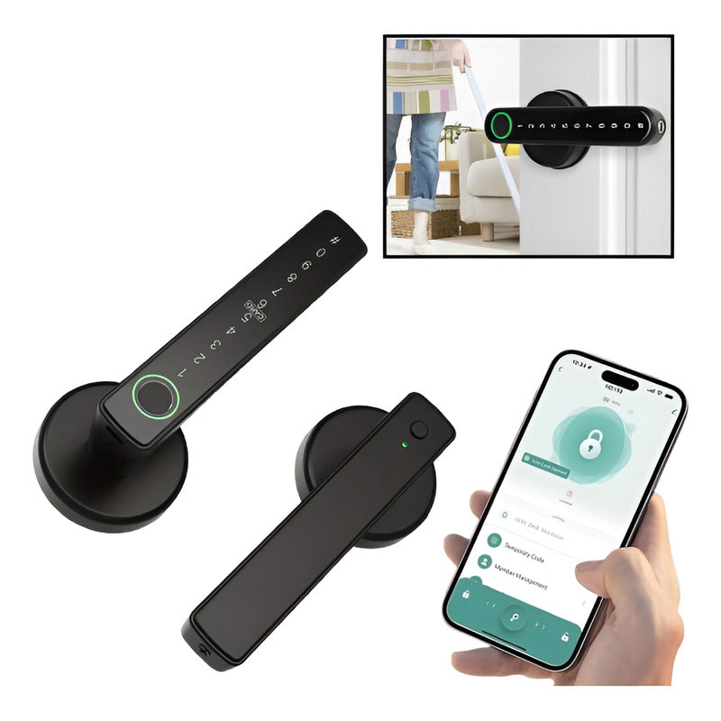 CERRADURA PUERTA SMART HUELLA BLUETOOTH APP PANTALLA TACTIL NEGRO