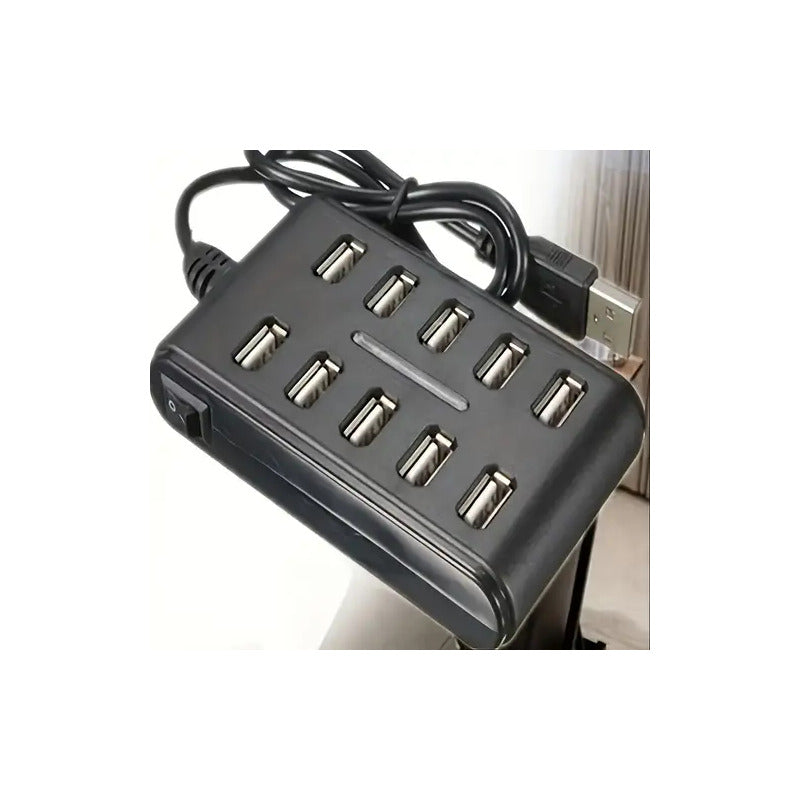 HUB USB 10 PUERTOS LUZ LED NEGRO