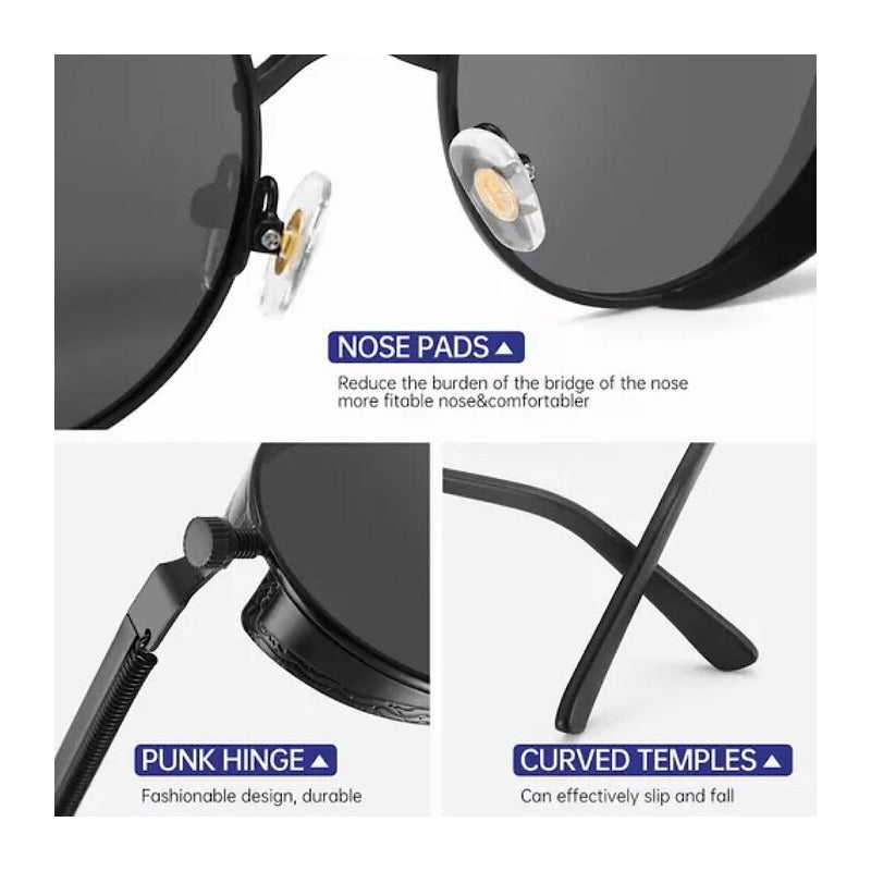 GAFAS SOL POLICARBONATO UV REDONDAS STEAMPUNK FASHION NEGRO REDONDO NEGRO