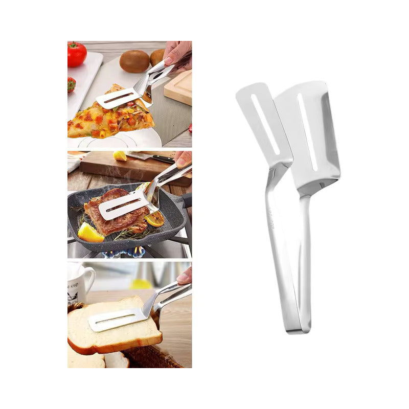 ESPÁTULA DOBLE PINZA COCINA CARNE BISTEC ACERO INOXIDABLE PLATEADO