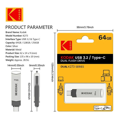 MEMORIA DUAL KODAK 64GB ALTA VELOCIDAD 3.2 OTG TIPO C METAL PLATEADO METALICA