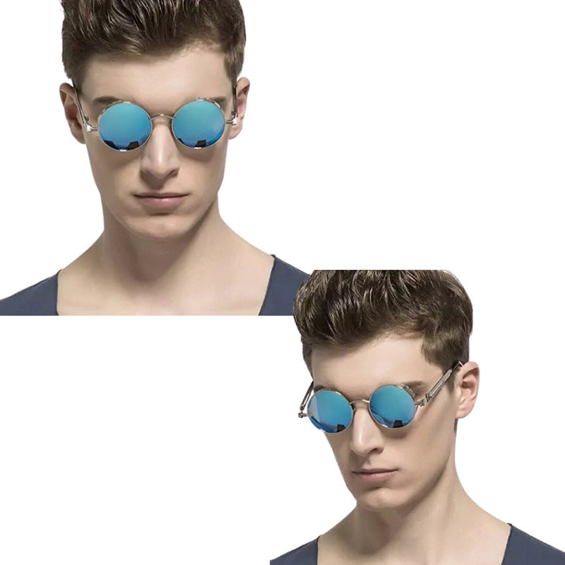 GAFAS SOL POLICARBONATO UV REDONDAS STEAMPUNK FASHION AZUL REDONDO AZUL ACERO PLATEADO PLATEADO