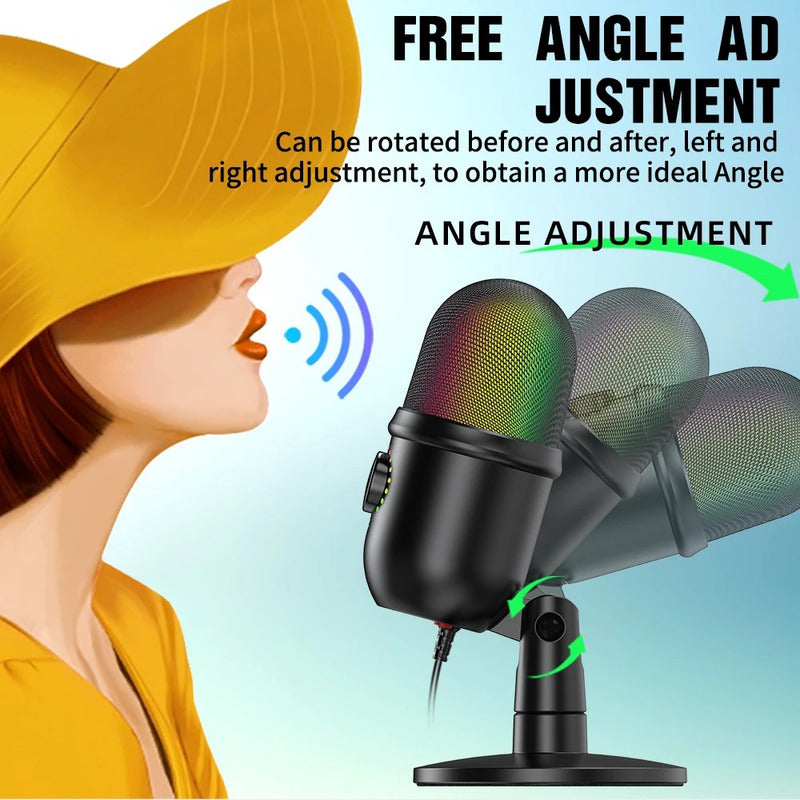 MICROFONO PODCAST USB LUZ LED RGB CARDIOIDE CONDENSADOR PRO NEGRO