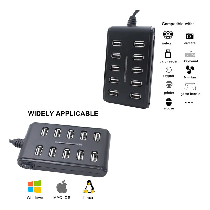 HUB USB 10 PUERTOS LUZ LED NEGRO
