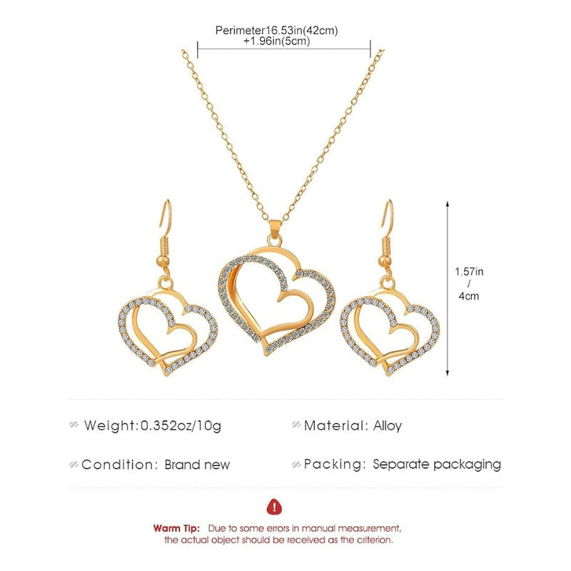 CONJUNTO CADENA Y ARETES DOBLE CORAZÓN DORADO INCRUSTACIONES LAVANDA