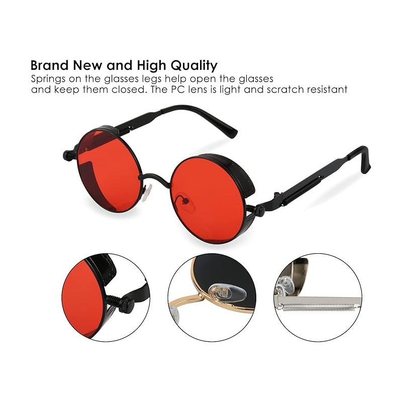 GAFAS SOL POLICARBONATO UV REDONDAS STEAMPUNK FASHION ROJO REDONDO ROJO NEGRO NEGRO