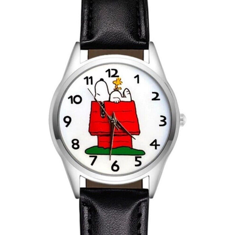 RELOJ SNOOPY CASA LUJO CORREA CUERO MUJER NEGRO CROMADO BLANCO