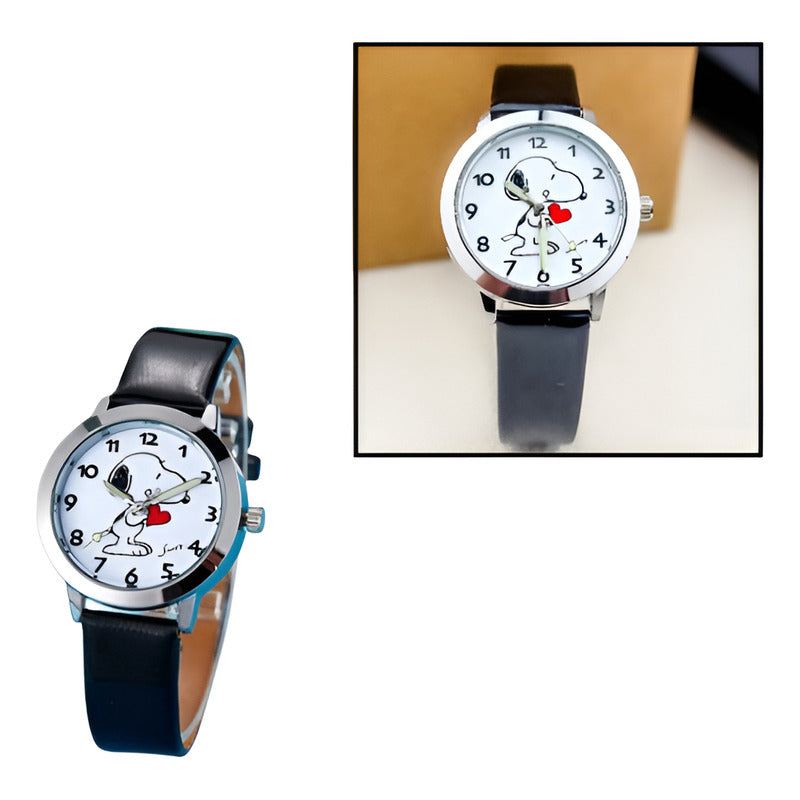 RELOJ SNOOPY LUJO CORREA CUERO MANECILLAS LUMINOSAS MUJER NEGRO CROMADO BLANCO